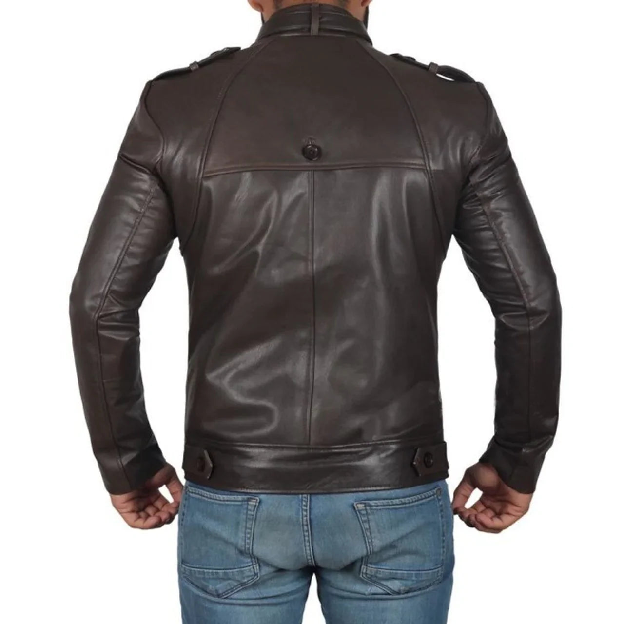 Men's Coffee Brown Button Pocket Leather Jacket