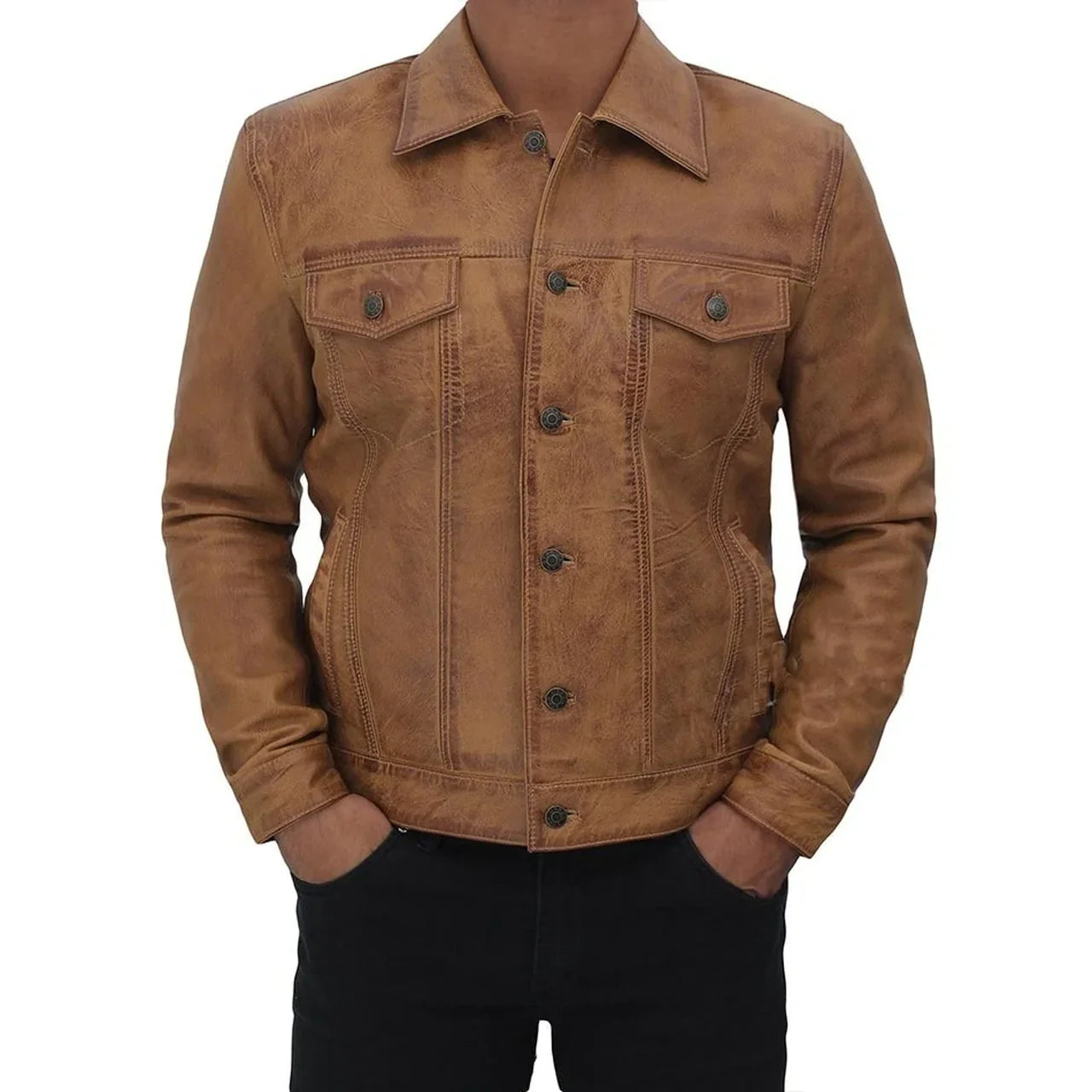 Men's Camel Brown Distressed Leather Trucker Jacket