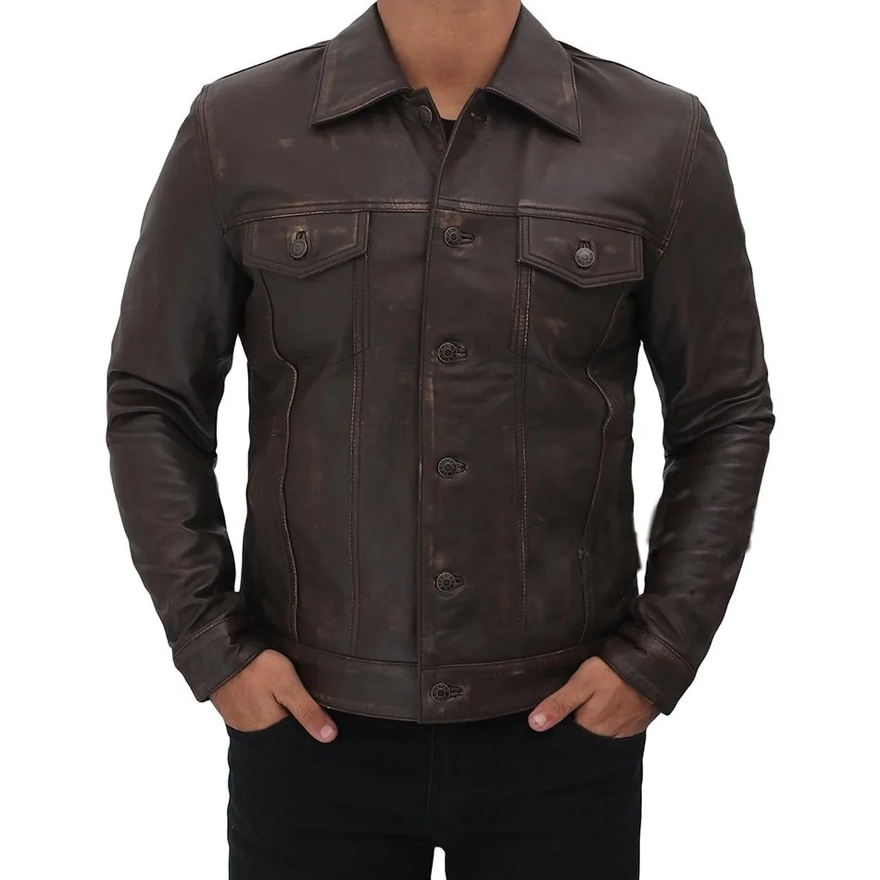 Men's Distressed Brown Leather Trucker Jacket