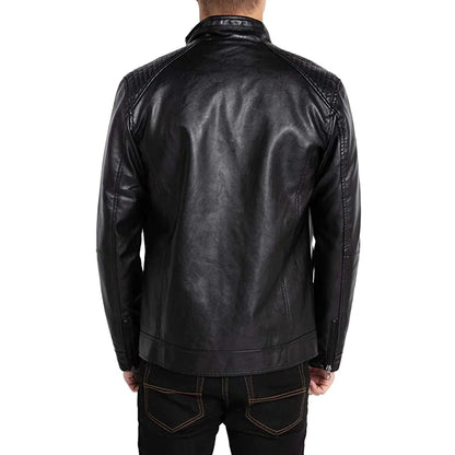 Men's Black Stand Collar Leather Rider Jacket