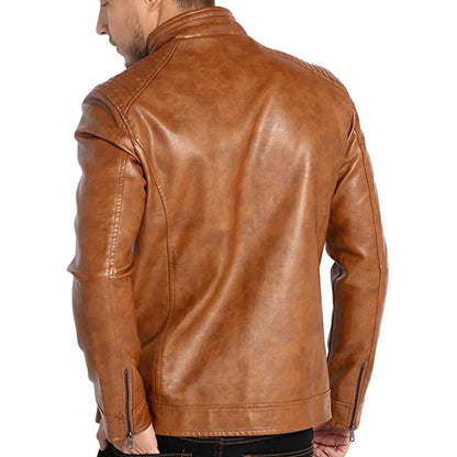 Men's Brown Stand Collar Leather Rider Jacket