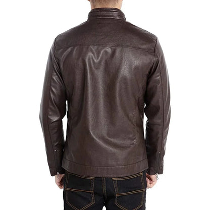 Men's Coffee Brown Stand Collar Leather Bikers Jacket