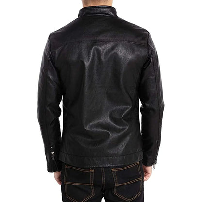 Men's Black Stand Collar Real Leather Biker Jacket