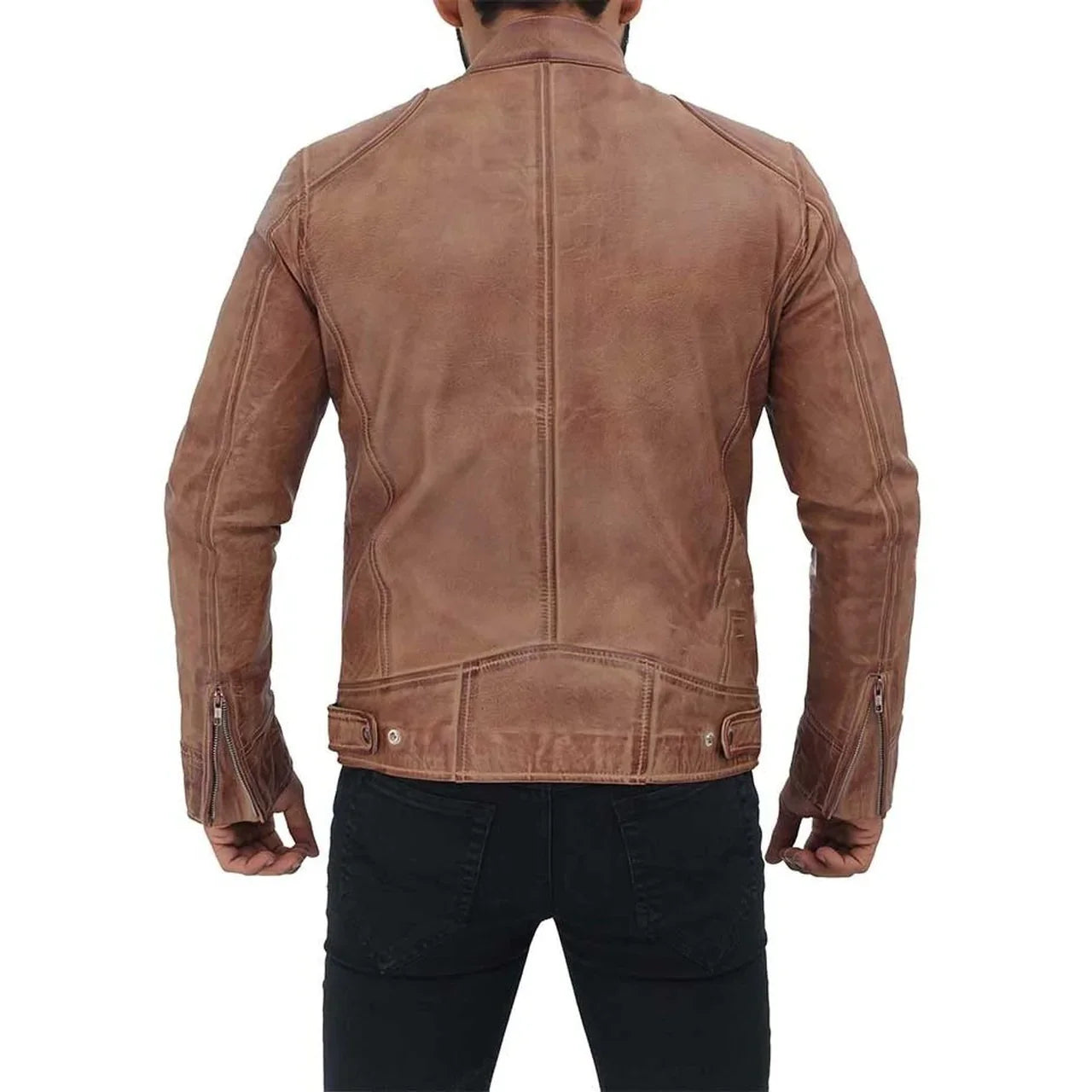 Men's Rib Brown Distressed Leather Biker Jacket