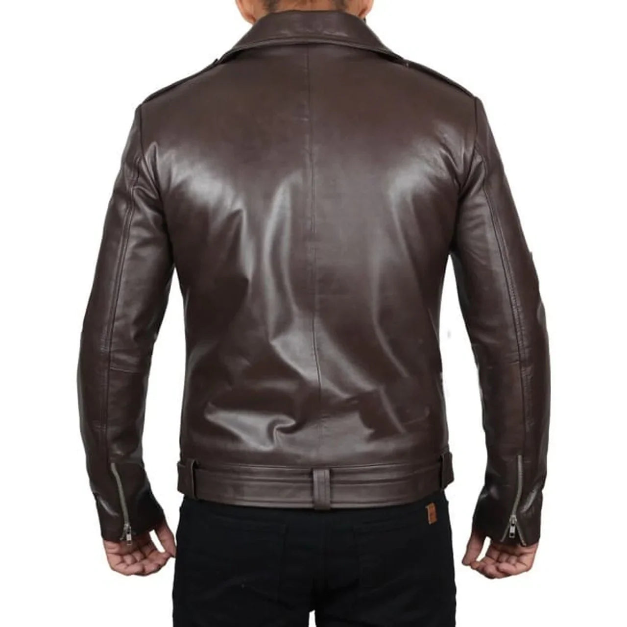 Men's Waist Belted Design Dark Brown Biker Jacket