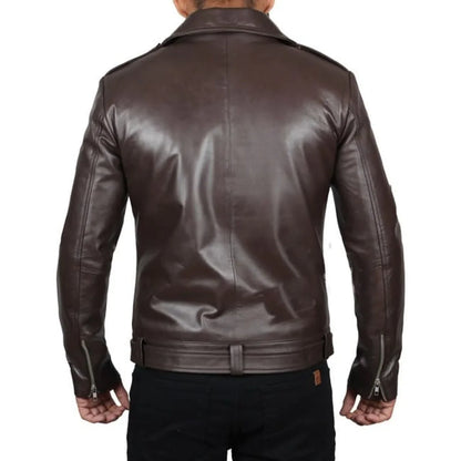 Men's Waist Belted Design Dark Brown Biker Jacket