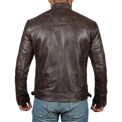 Men's Quilted Distressed Dark Brown Leather Jacket