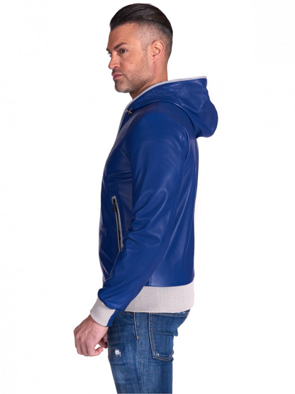 Black Leather Mens biker Blue hooded collar Jacket - Frozva