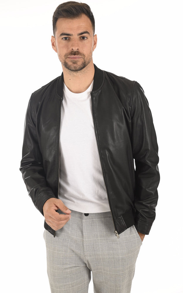 Men's Deep Black Bomber Leather Jacket