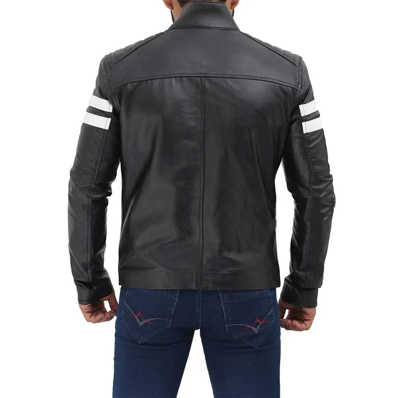 Men's Black Biker White Stripe Leather Jacket