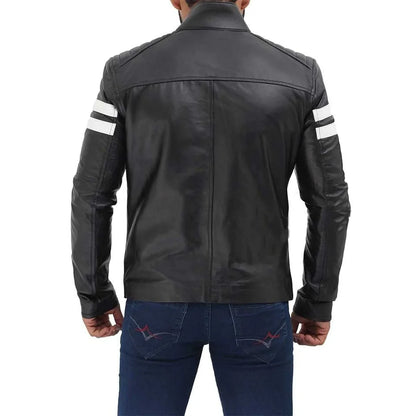 Men's Black Biker White Stripe Leather Jacket