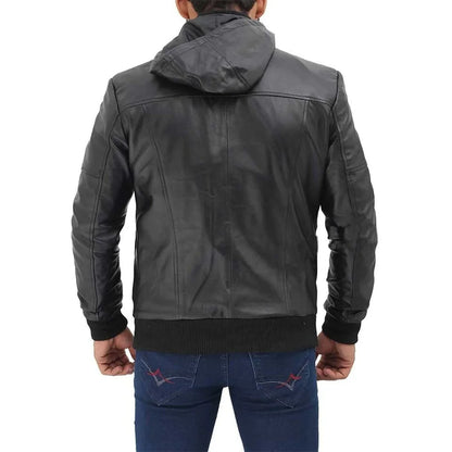 Men's Black Bomber Biker Hooded Leather Jacket