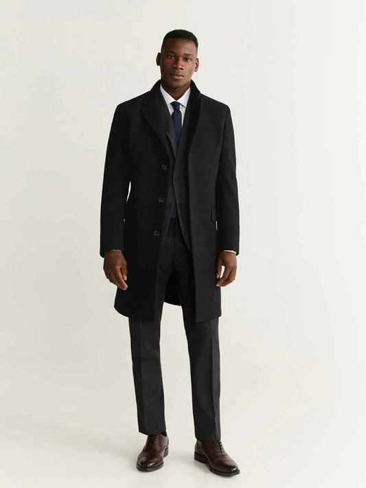 Men Black Lapel Wool Coat - Frozva.com