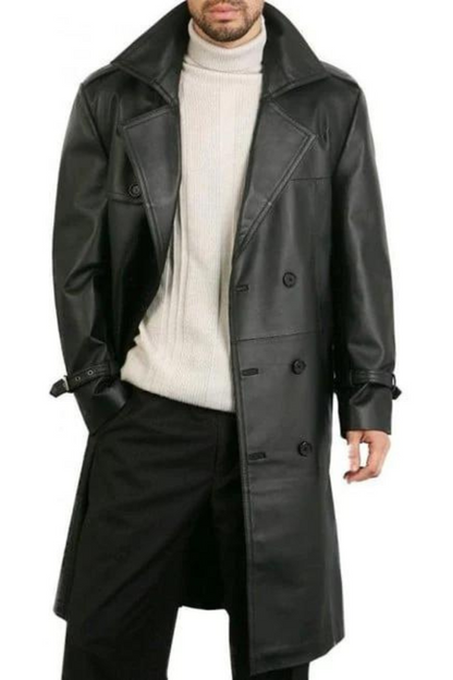 Men's Double Breasted Black Leather Trench Coat