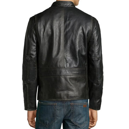 Men's Button Up Black Leather Motorcycle Jacket