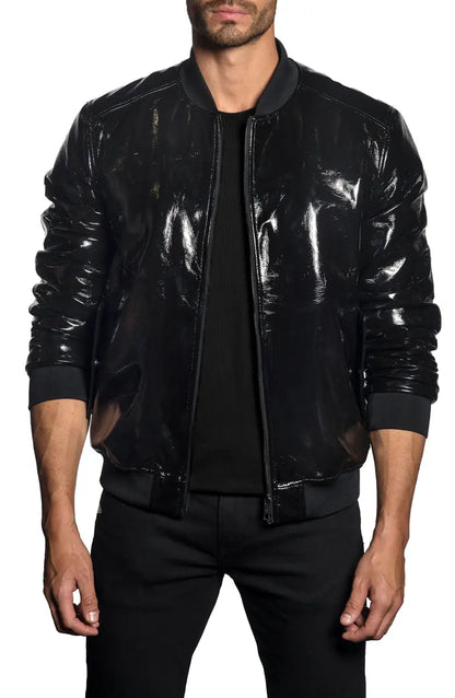 Mens shiny black faux leather bomber jacket