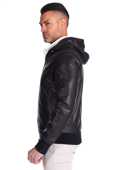 Mens Black Real Leather Hooded Biker Jacket