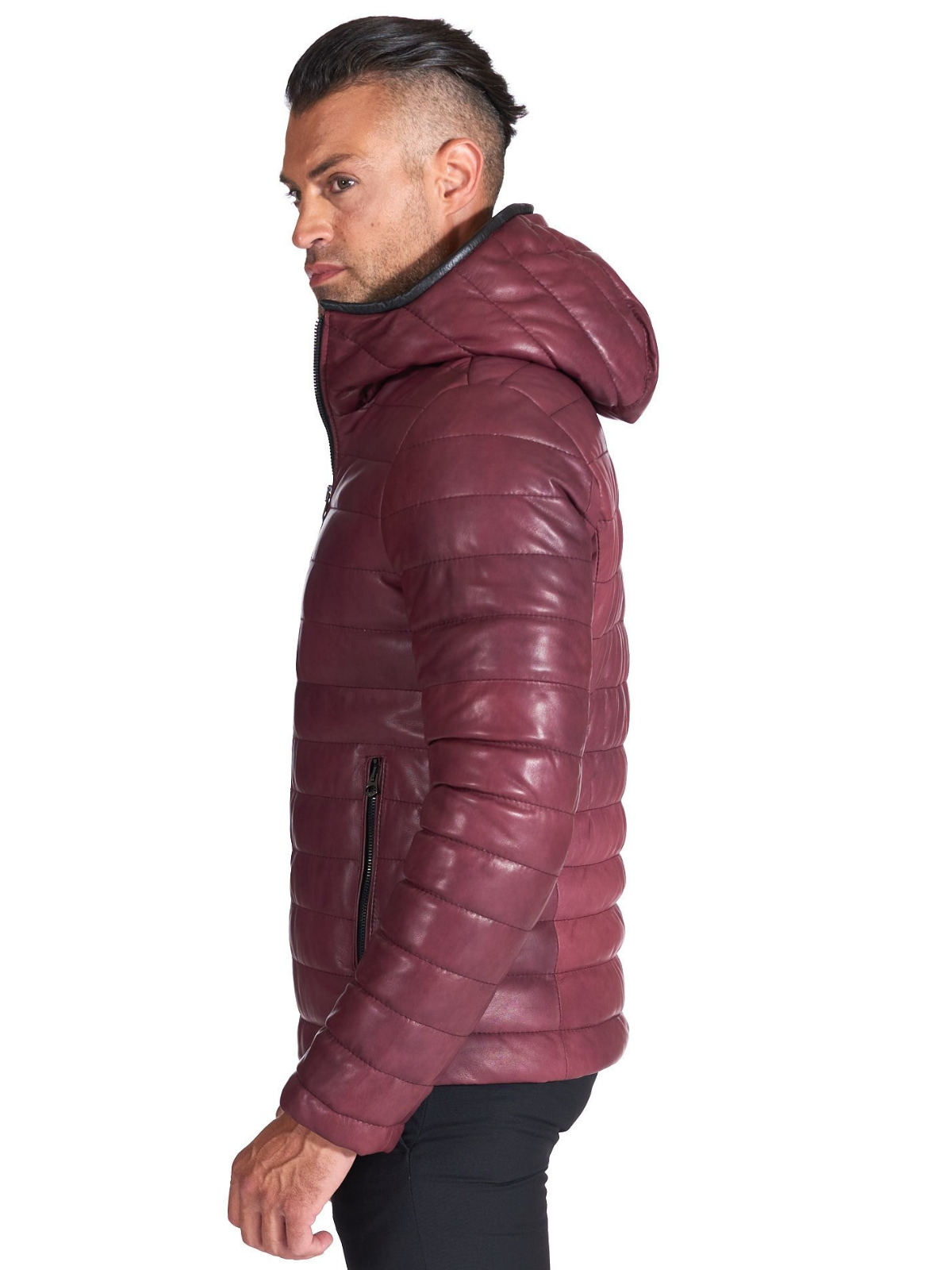 Men Maroon Sheep Leather biker hooded collar Jacket - Frozva