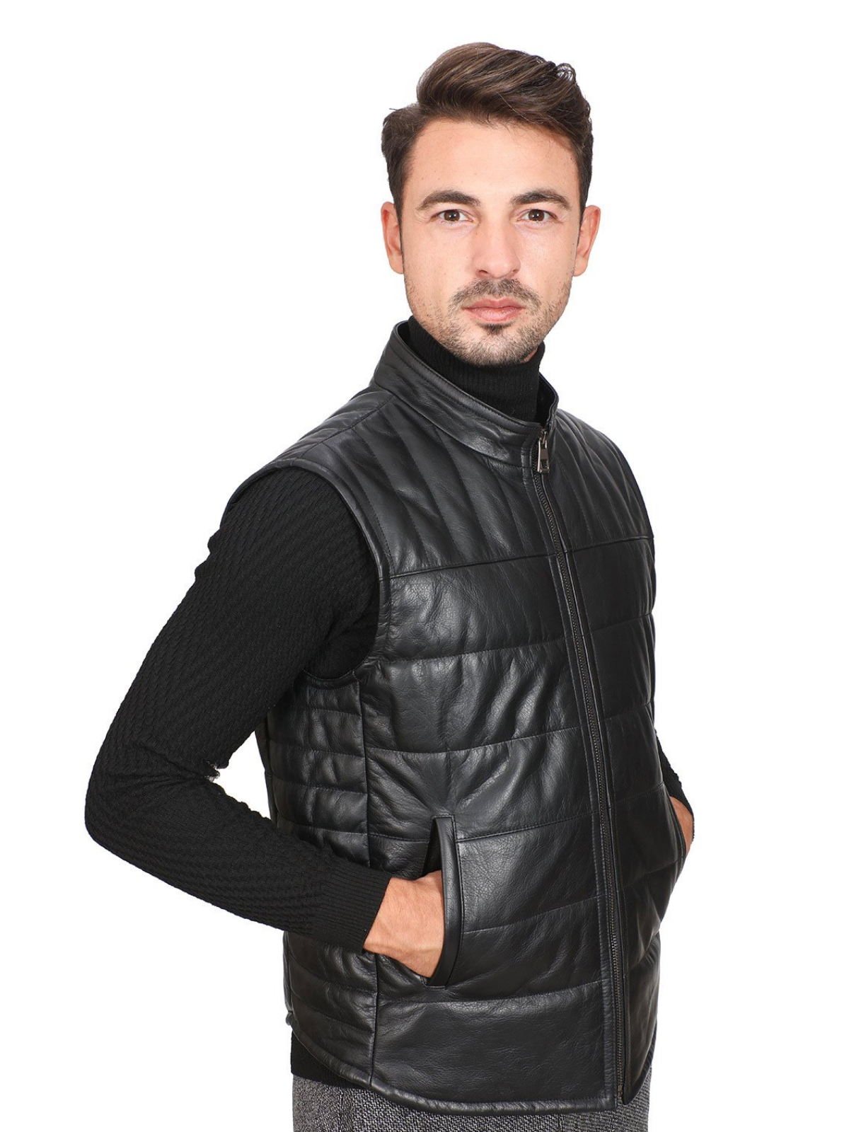 Men Black Real Leather Vest - Frozva.com