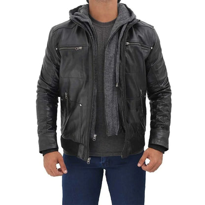 Men's Black Hooded Real Leather Jacket