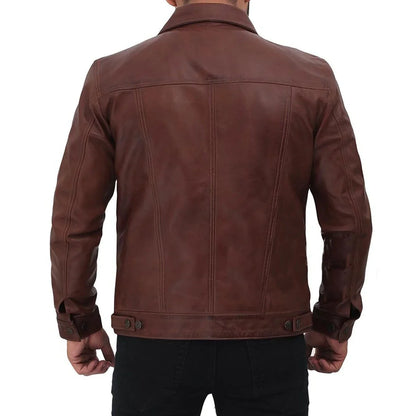 Men's Brown Genuine Leather Trucker Jacket