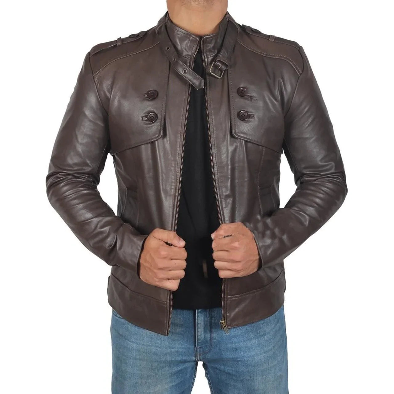 Men's Coffee Brown Button Pocket Leather Jacket