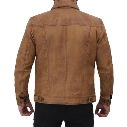 Men's Camel Brown Distressed Leather Trucker Jacket