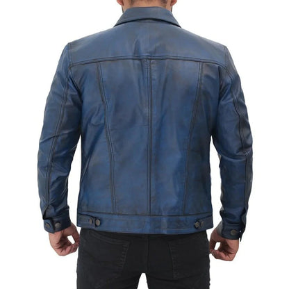 Men's Blue Trucker Distressed Leather Jacket