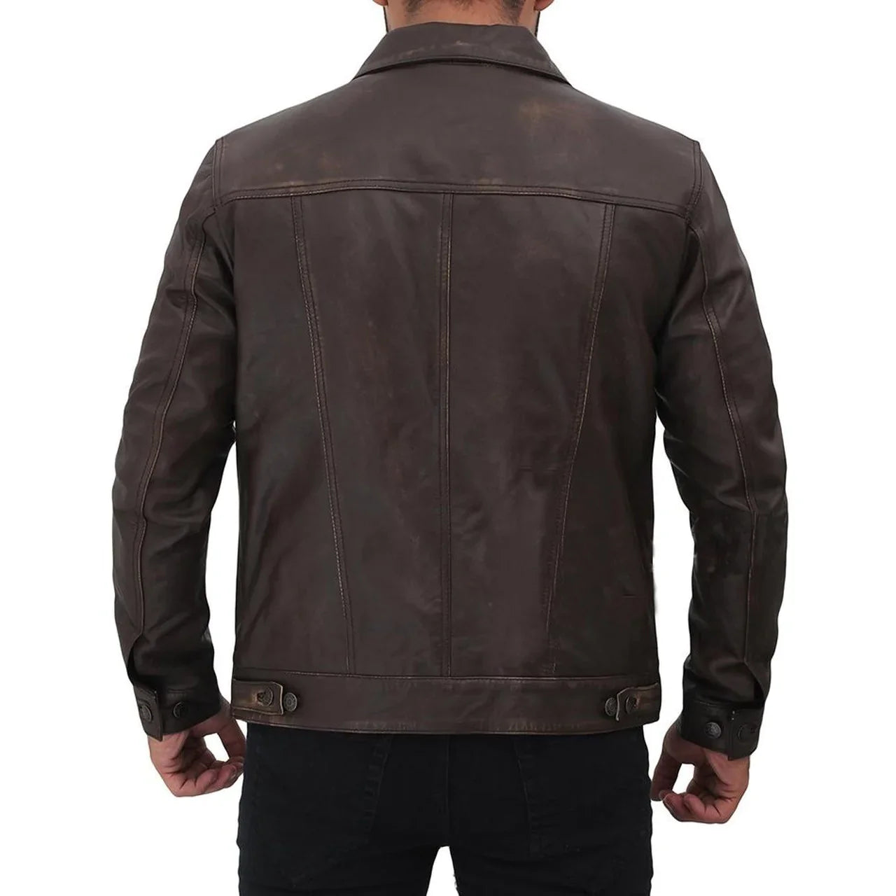 Men's Distressed Brown Leather Trucker Jacket