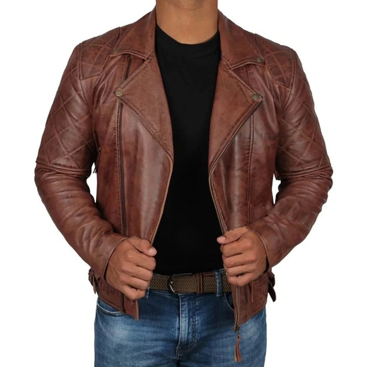 Men's Dark Brown Quilted Biker Vintage Leather Jacket