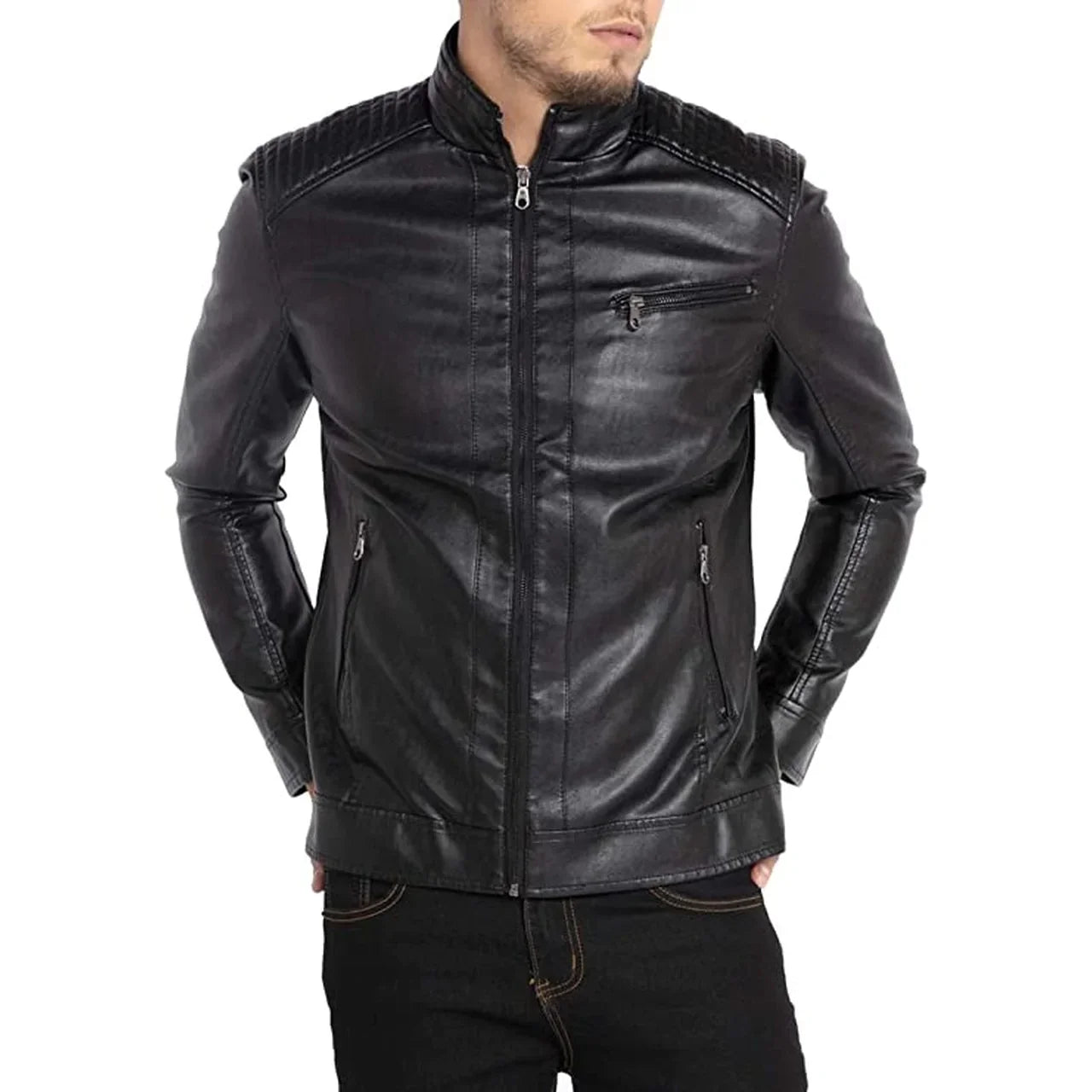 Men's Black Stand Collar Leather Rider Jacket