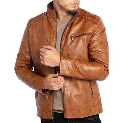 Men's Brown Stand Collar Leather Rider Jacket