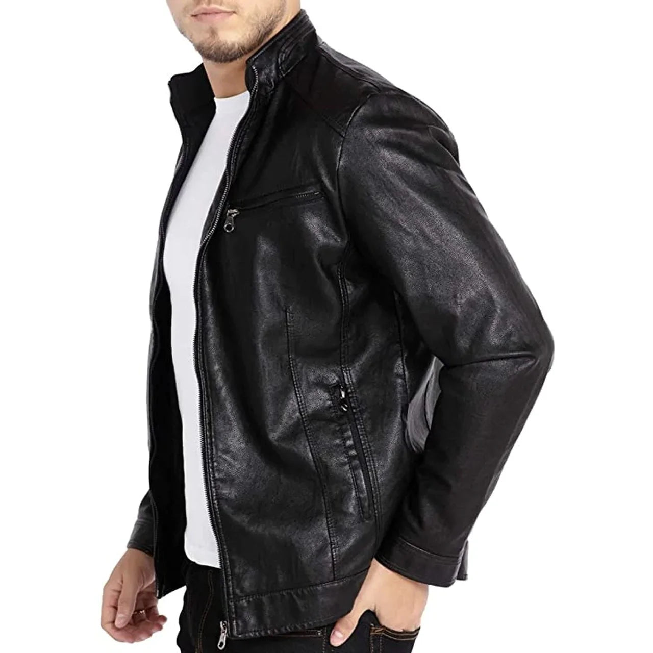 Men's Black Stand Collar Real Leather Biker Jacket