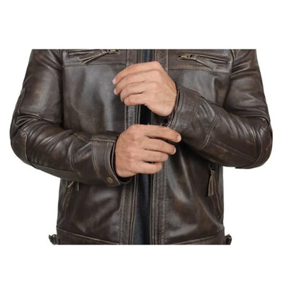 Men's Quilted Distressed Dark Brown Leather Jacket