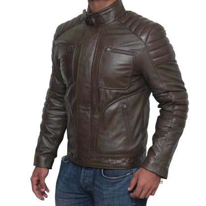 Men's Quilted Four Zipper Pocket Genuine Leather Biker Jacket