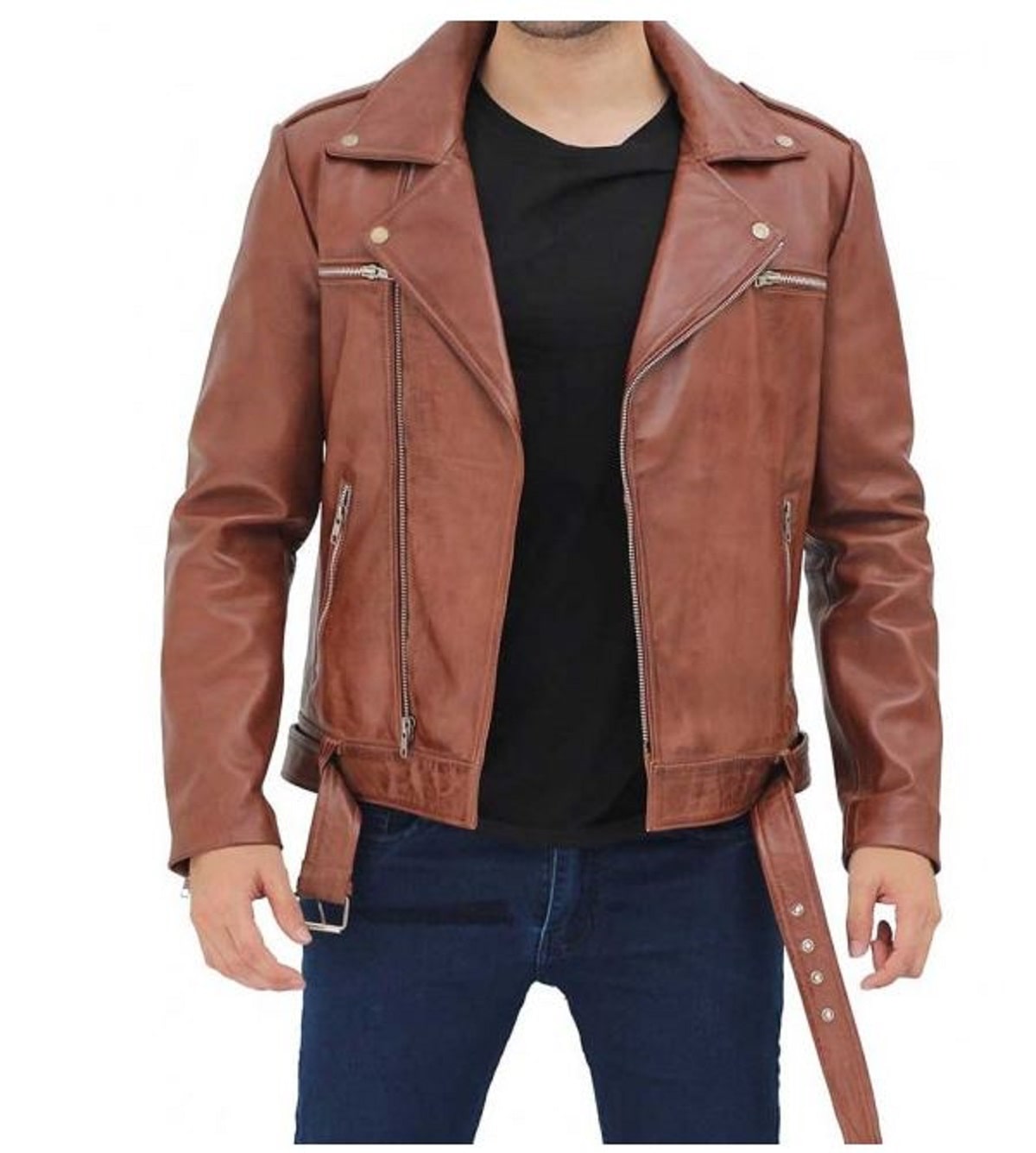 Men's Waist Belted Design Brown Motorcycle Jacket