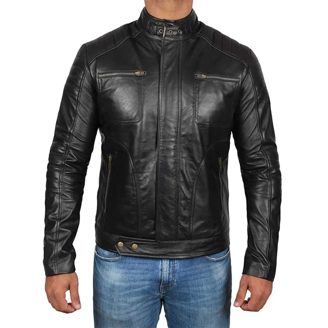 Men's Black Genuine Leather Biker Jacket - Frozva