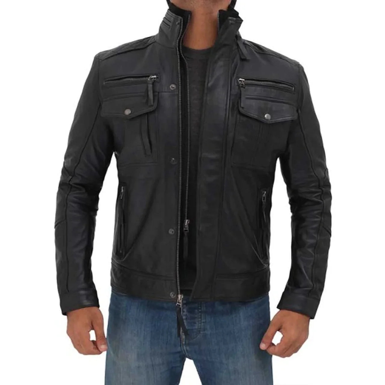 Men's Black Leather Multi Pocket Jacket