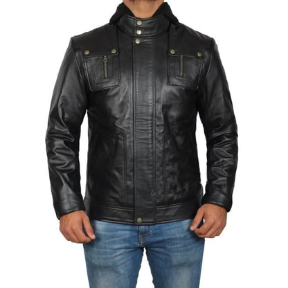 Men's Genuine Leather Jacket With Hoodie