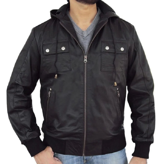 Solo Bomber Fixed Hooded Black Leather Jacket