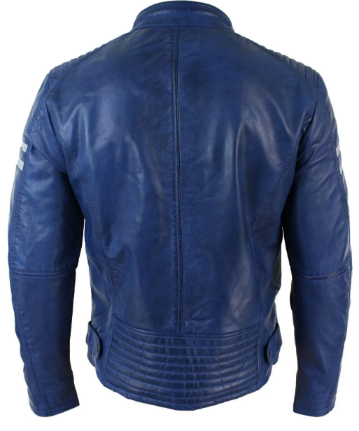 Mens Real Leather Biker White Striped Sleeves Blue Jacket