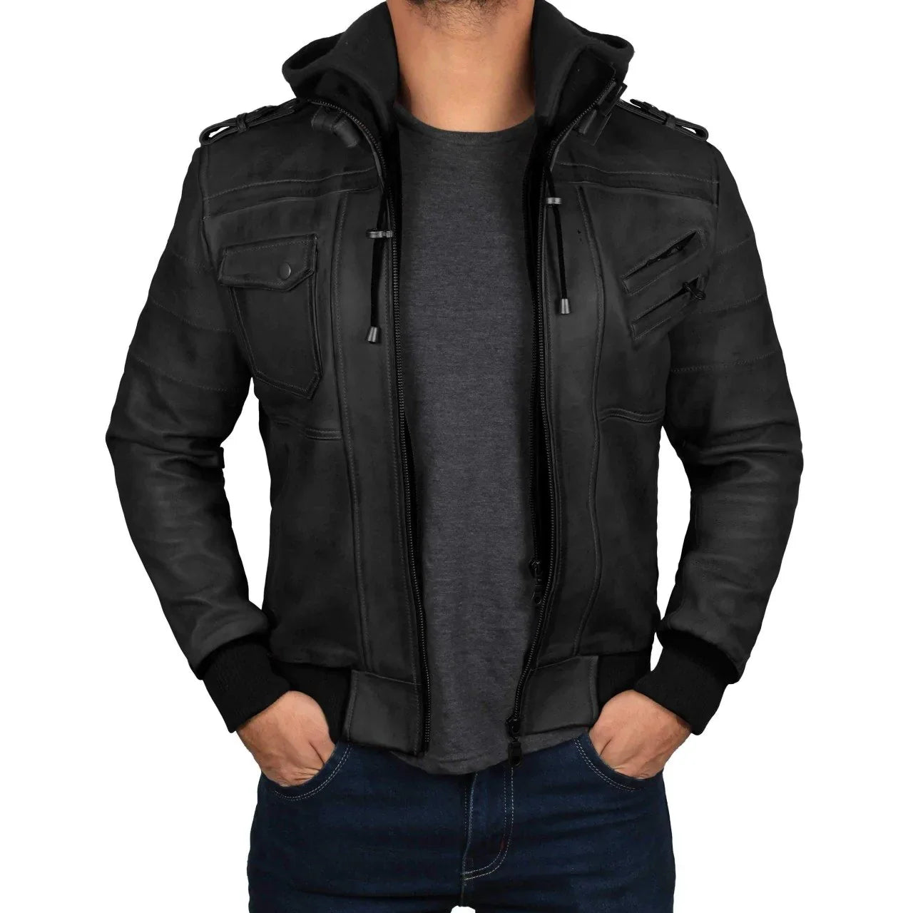 Men's Black Hooded Real Leather Jacket