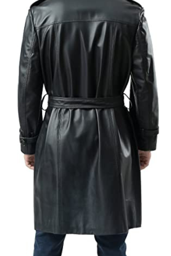 Men's Double Breasted Black Leather Trench Coat