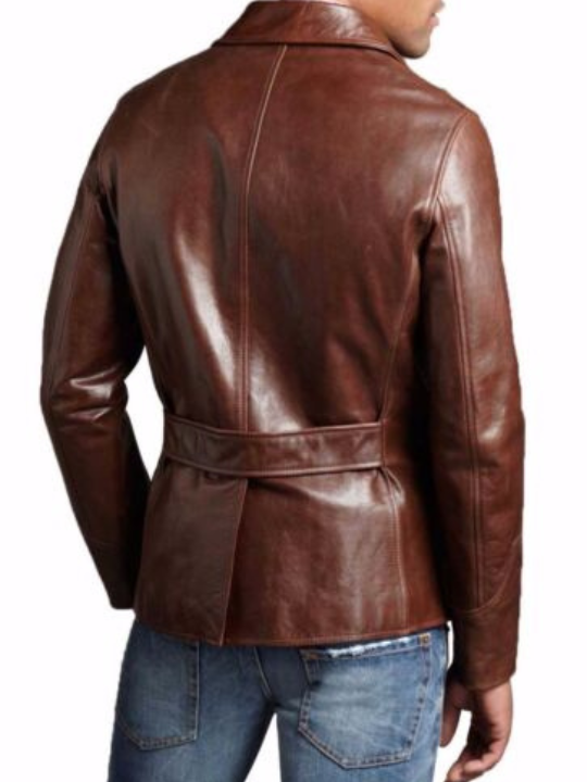 Men's Brown Leather Cafe Racer Blazer Coat