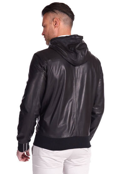 Mens Black Real Leather Hooded Biker Jacket