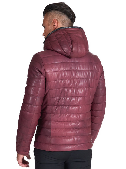 Men Maroon Sheep Leather biker hooded collar Jacket - Frozva