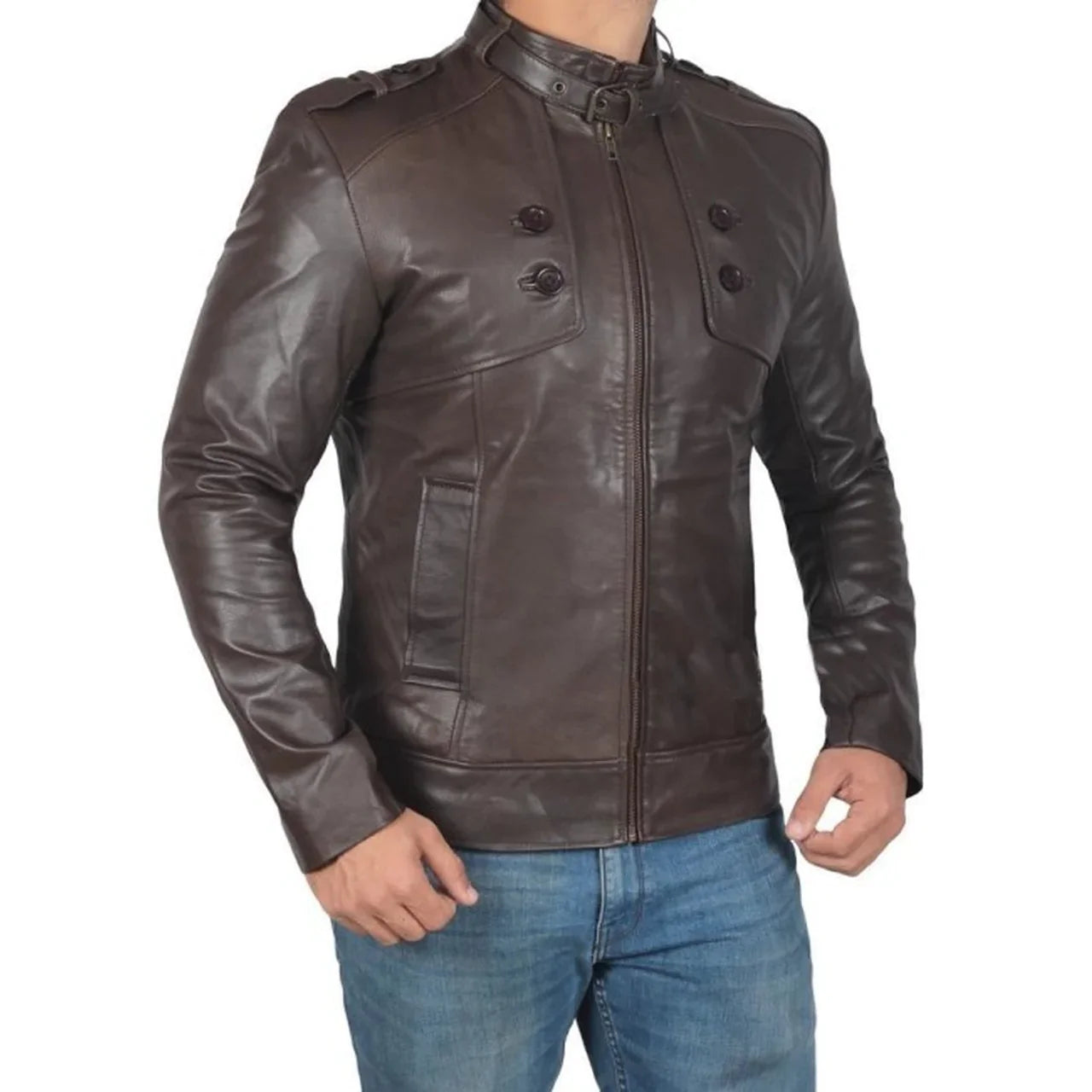 Men's Coffee Brown Button Pocket Leather Jacket