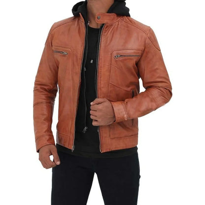 Men's Tan Hooded Leather Jacket