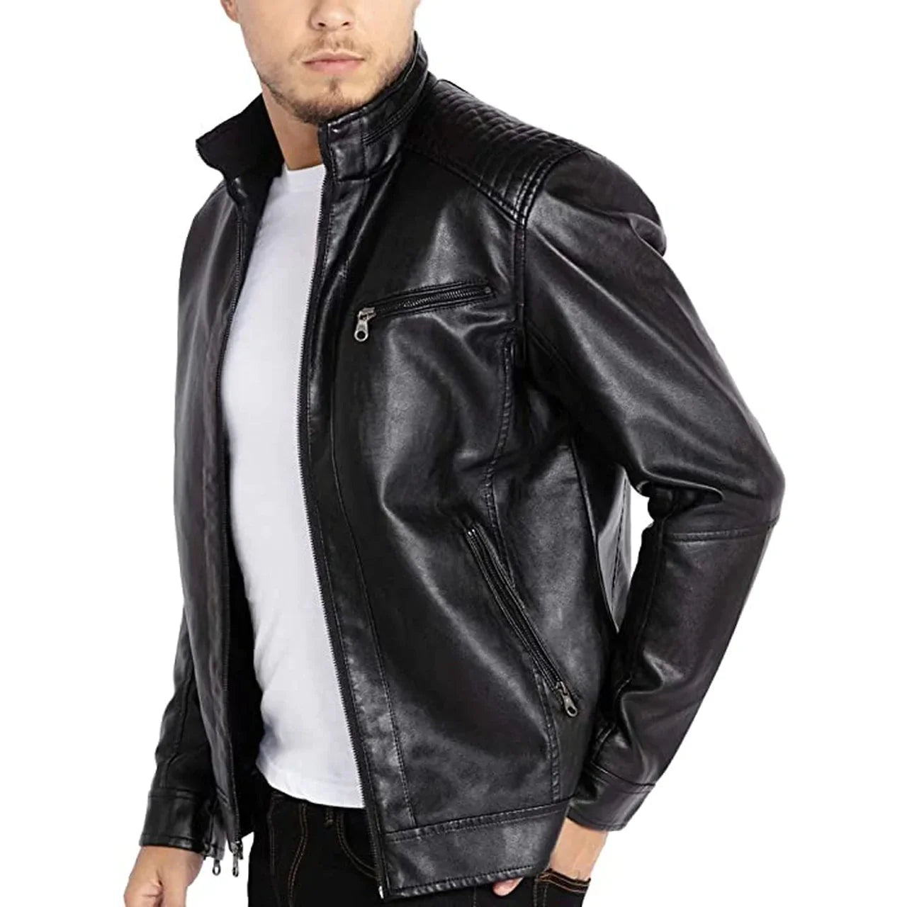 Men's Black Stand Collar Leather Rider Jacket