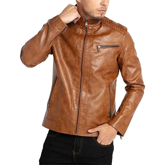 Men's Brown Stand Collar Leather Rider Jacket